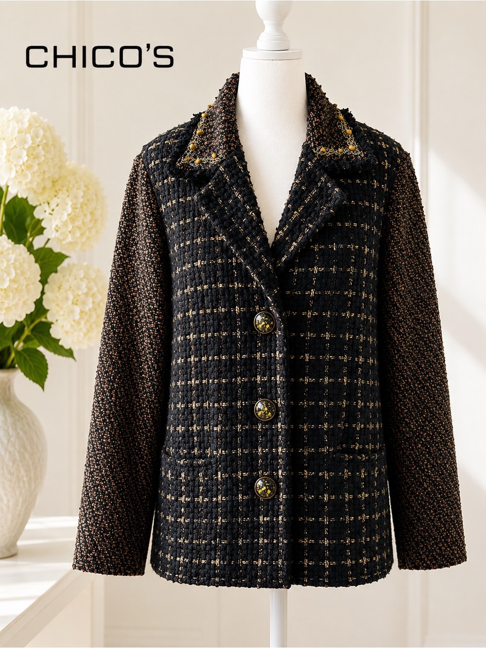 Chico's Black & Brown Tweed Button Jacket